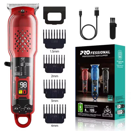 Red transparent hair trimmer kit with four guide combs