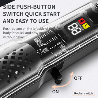 Transparent hair trimmer showing the side switch and digital display
